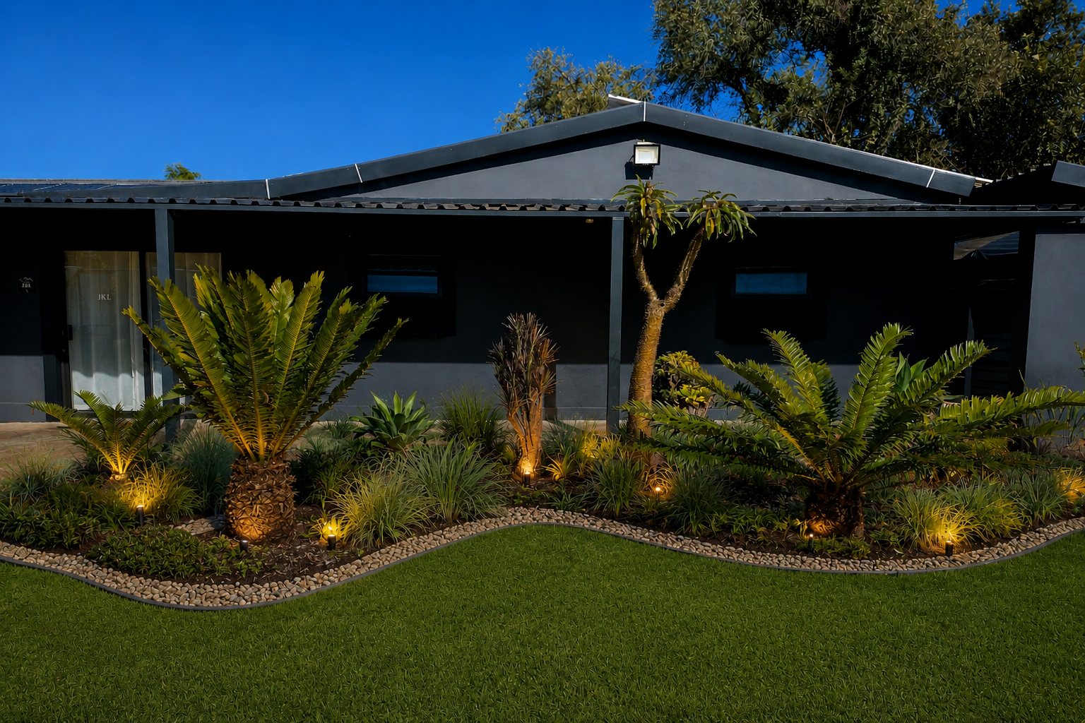 JKL Guesthouse at dusk, with lit garden beds and cycads along the front of the house